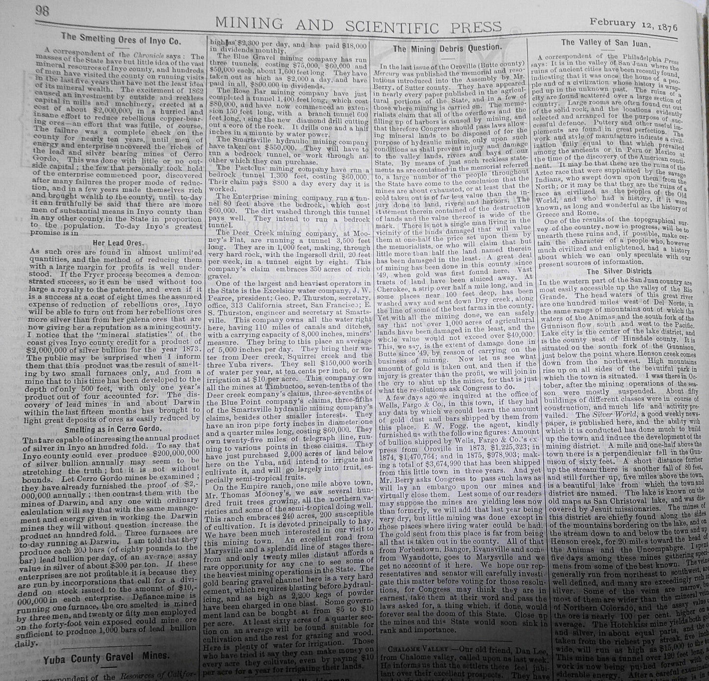 Mining and Scientific Press Feb 12, 1876. Edison's "New Force"; Mining Debris...