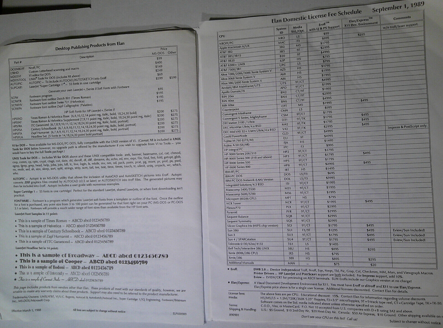 Eroff, by Elan Computer Group. 1989 UNIX Typesetting system Descriptive brochure
