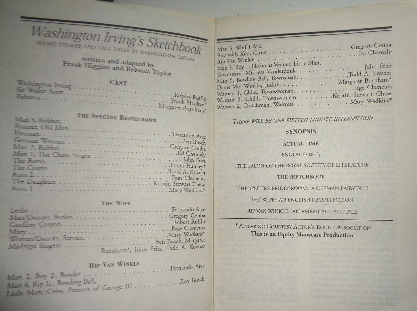 WASHINGTON IRVING'S SKETCHBOOK - PROGRAM - Metropolitan Playhouse, NYC 1998