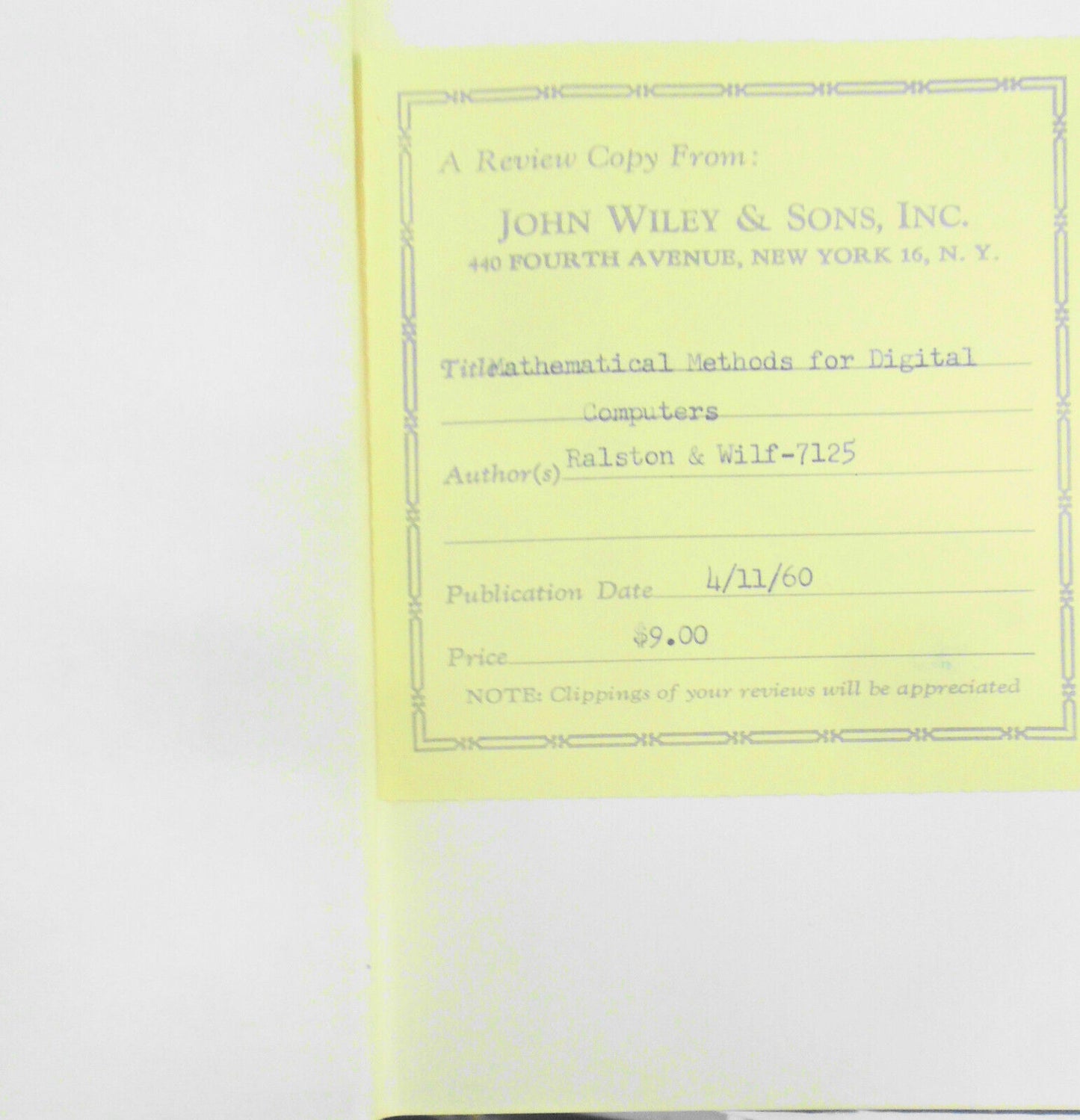 Mathematical Methods for Digital Computers - Ralston & Wilf; 1960 Hardcover 1st