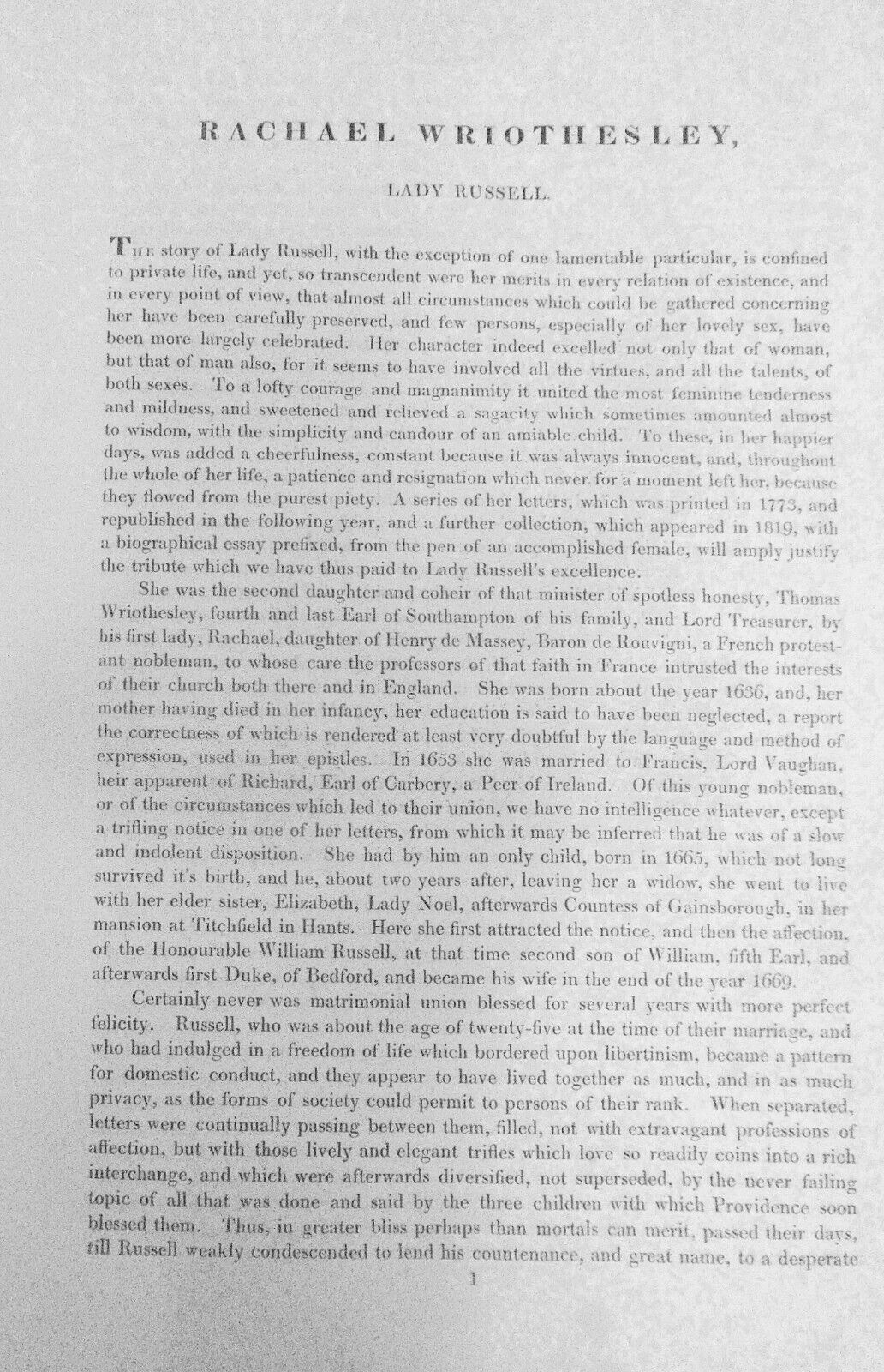 1834 Rachel Wriothesley, - original engraving from Lodge's Portraits. 17x11 in