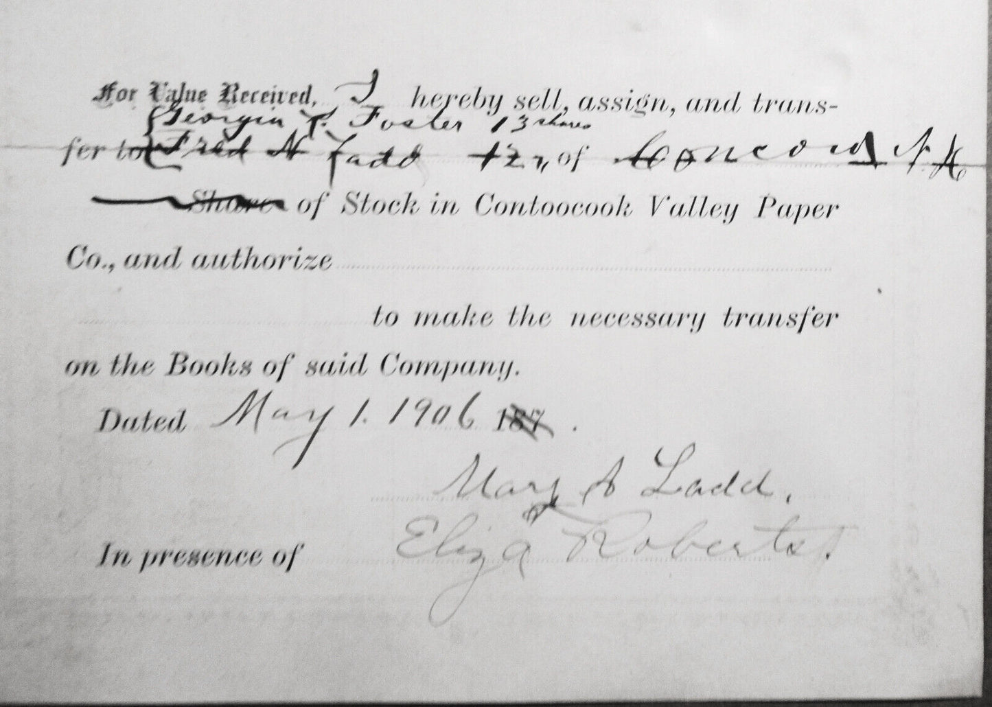 1906 Contoocook Valley Paper Company, Henniker, NH - Stock Certificate /Transfer