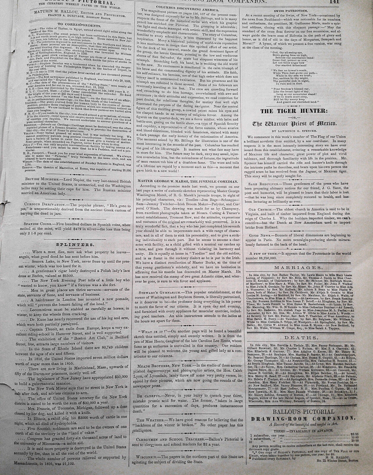 Ballou's Pictorial February 28, 1857 Eastern Domestic Architecture; Columbus etc