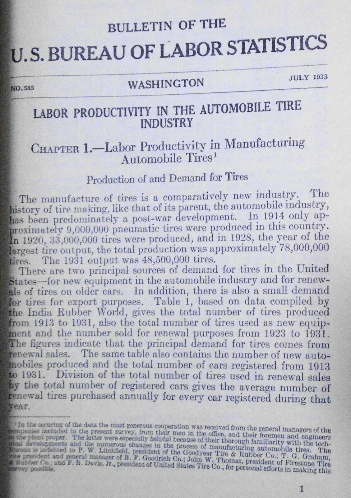 Labor Productivity in the automobile tire industry, by Boris Stern. 1933 SIGNED