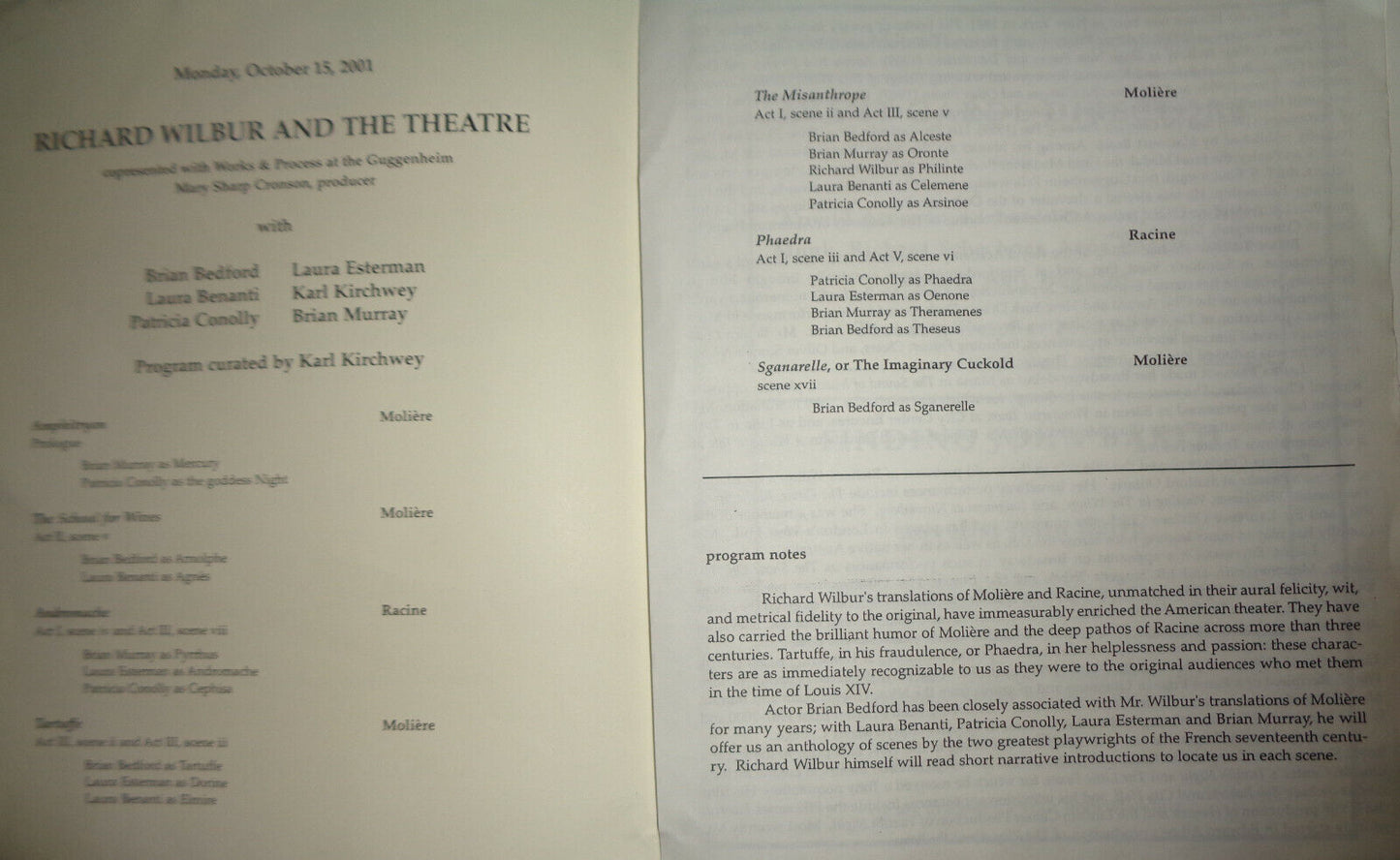 RICHARD WILBUR AND THE THEATRE - PROGRAM - OCT 15, 2001 Columbia University