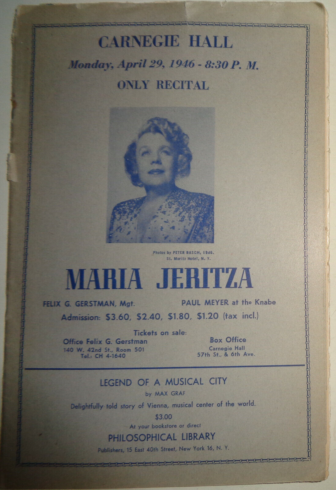 MARIA JERITZA AT CARNEGIE HALL - PROGRAM - MONDAY, APRIL 19, 1946