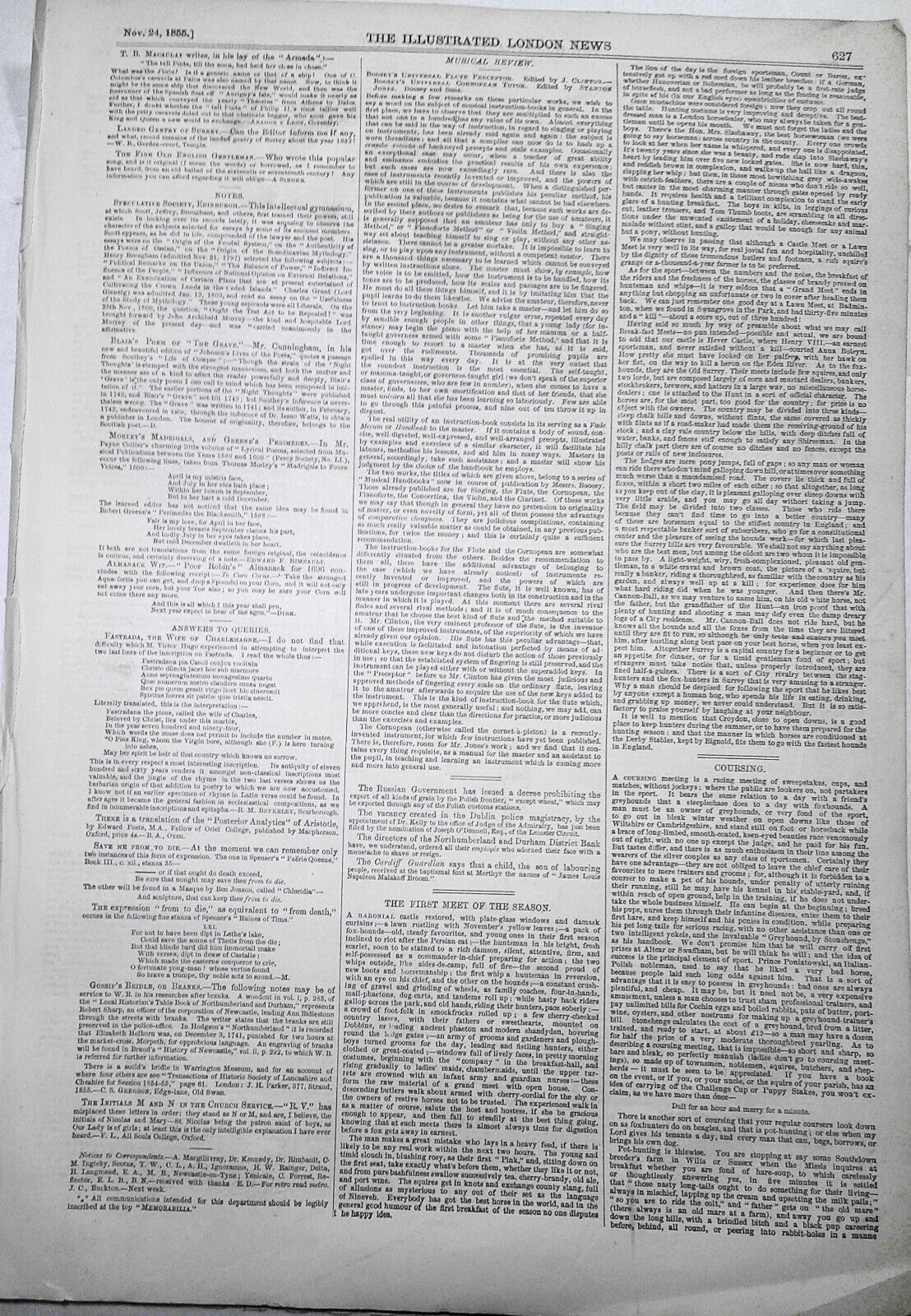 Hunting and Coursing - 2 engravings - Illustrated London News, Nov. 24, 1855