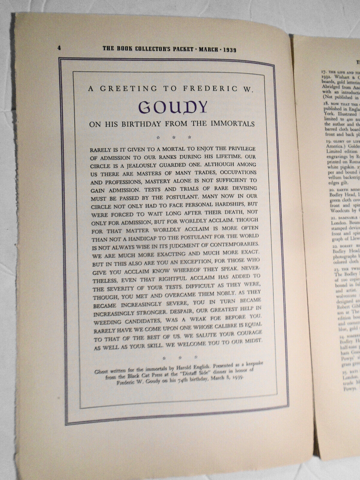 Book Collector's Packet, March 1939 - First Editions of Llewelyn Powys, etc..