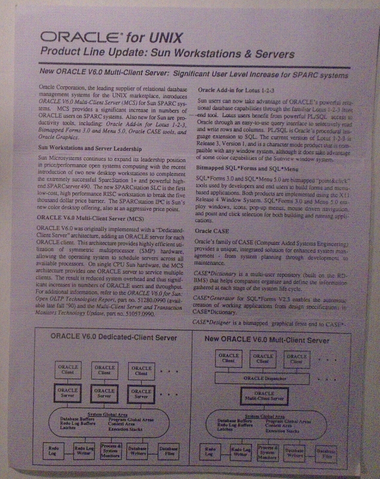 Oracle for UNIX on SUN workstations & servers : original promo flyer, 1990.