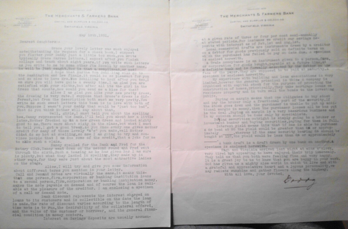 1931 2-page letter by cashier of The Merchants and Farmers Bank, on letterhead