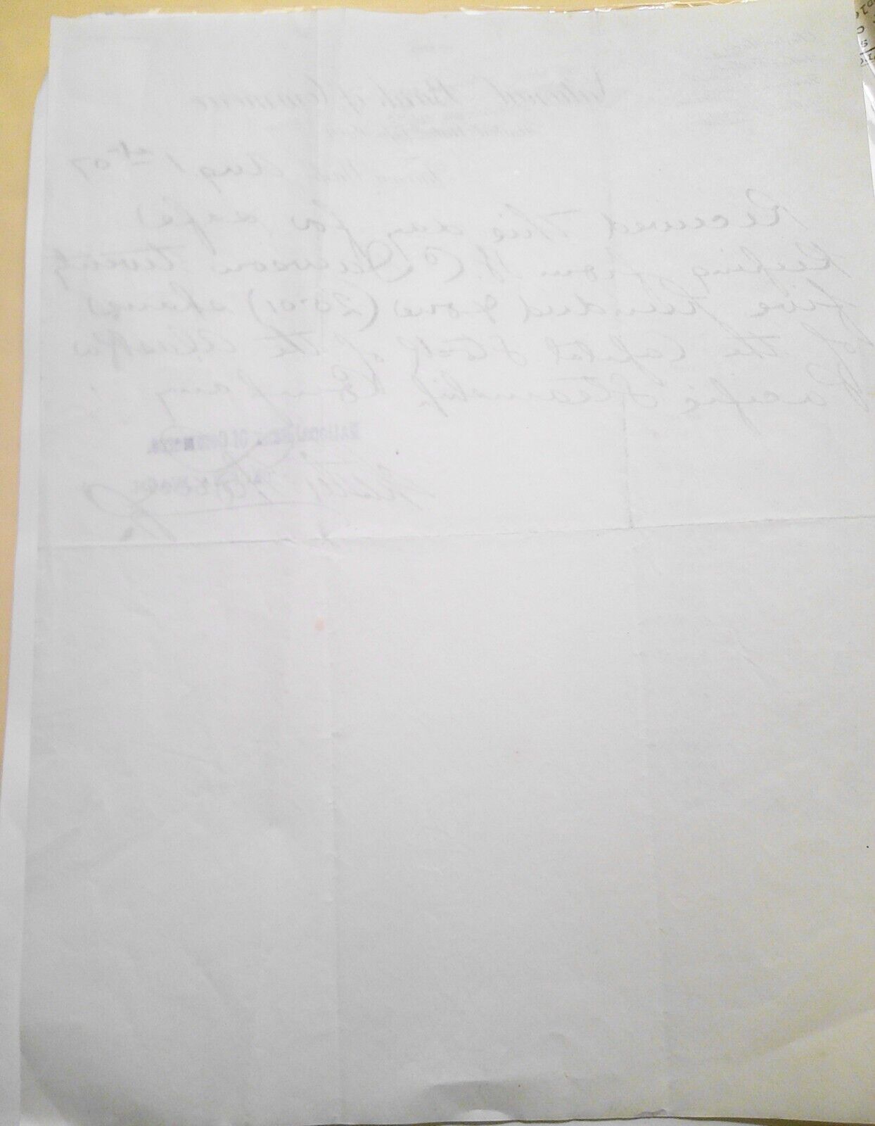 1907 National Bank of Commerce, Tacoma, - receipt - stock held for safekeeping