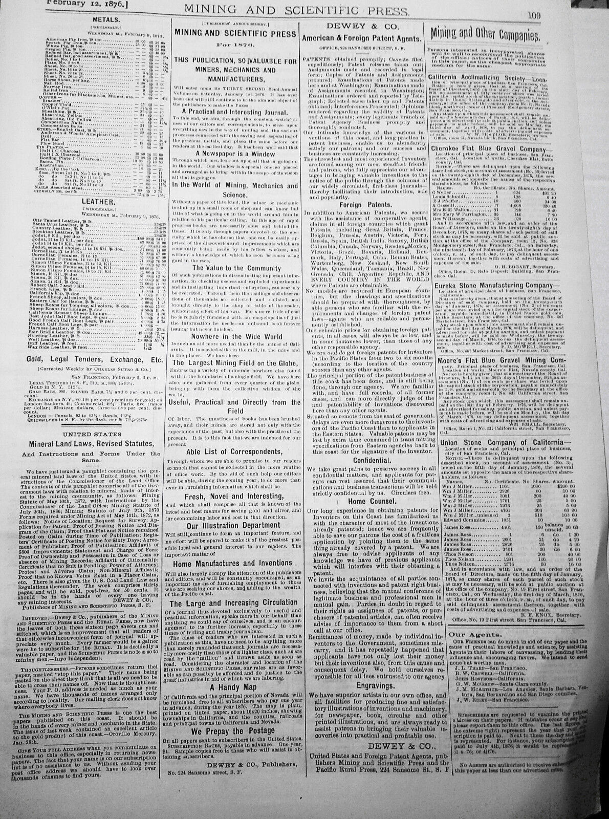 Mining and Scientific Press Feb 12, 1876. Edison's "New Force"; Mining Debris...