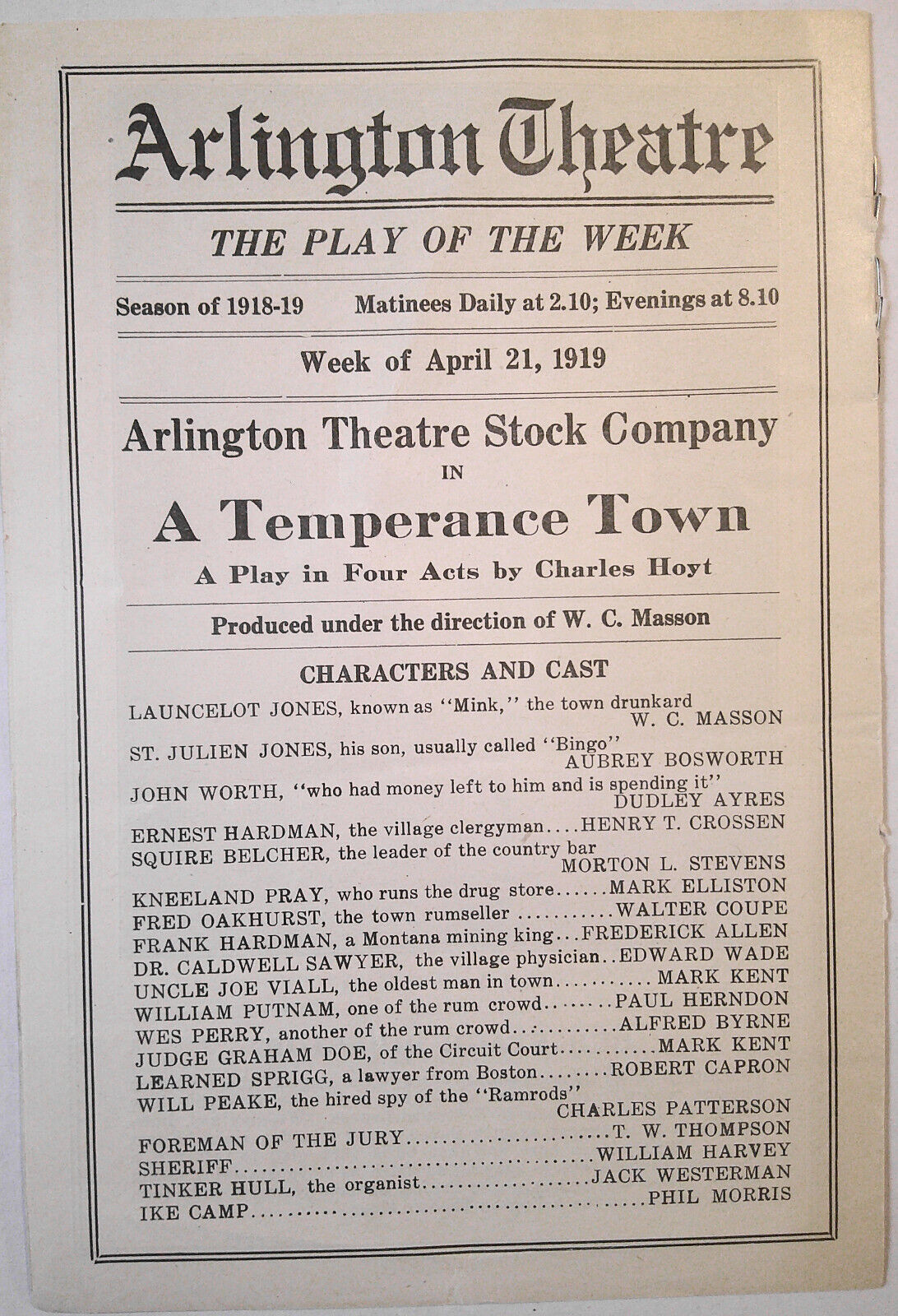A Temperance Town : 6 Boston Theater program sections, 1892 - 1922