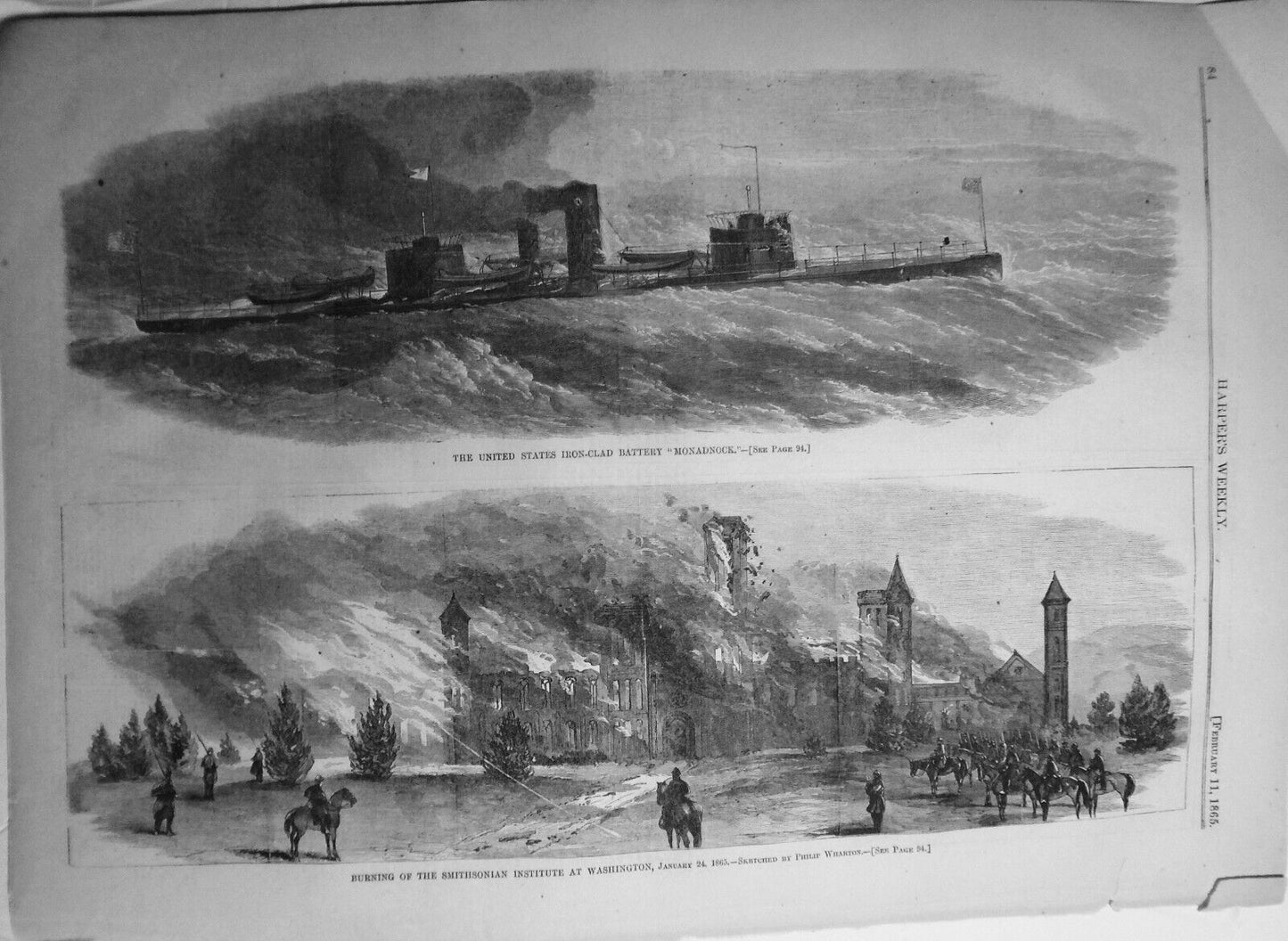 Burning of the Smithsonian Institute + US Iron-clad Battery "Monadnock" - 1865