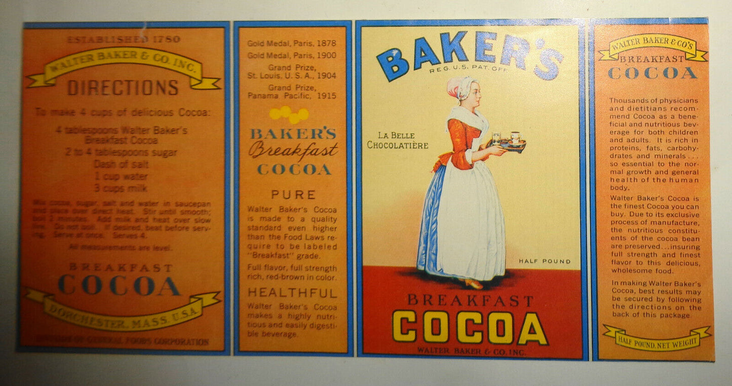 Lot of 3 Food can labels: Baker's Cocoa, Kodiak Salmon reproduction, Golf Beans