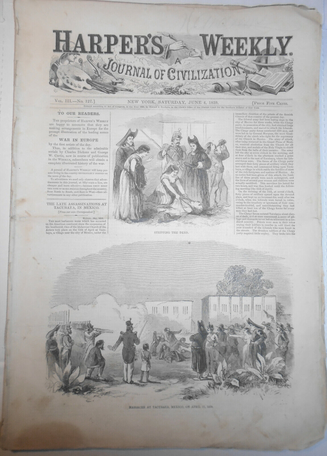 Harper's Weekly - Original Complete Issue - June 4, 1859 "War In Europe"