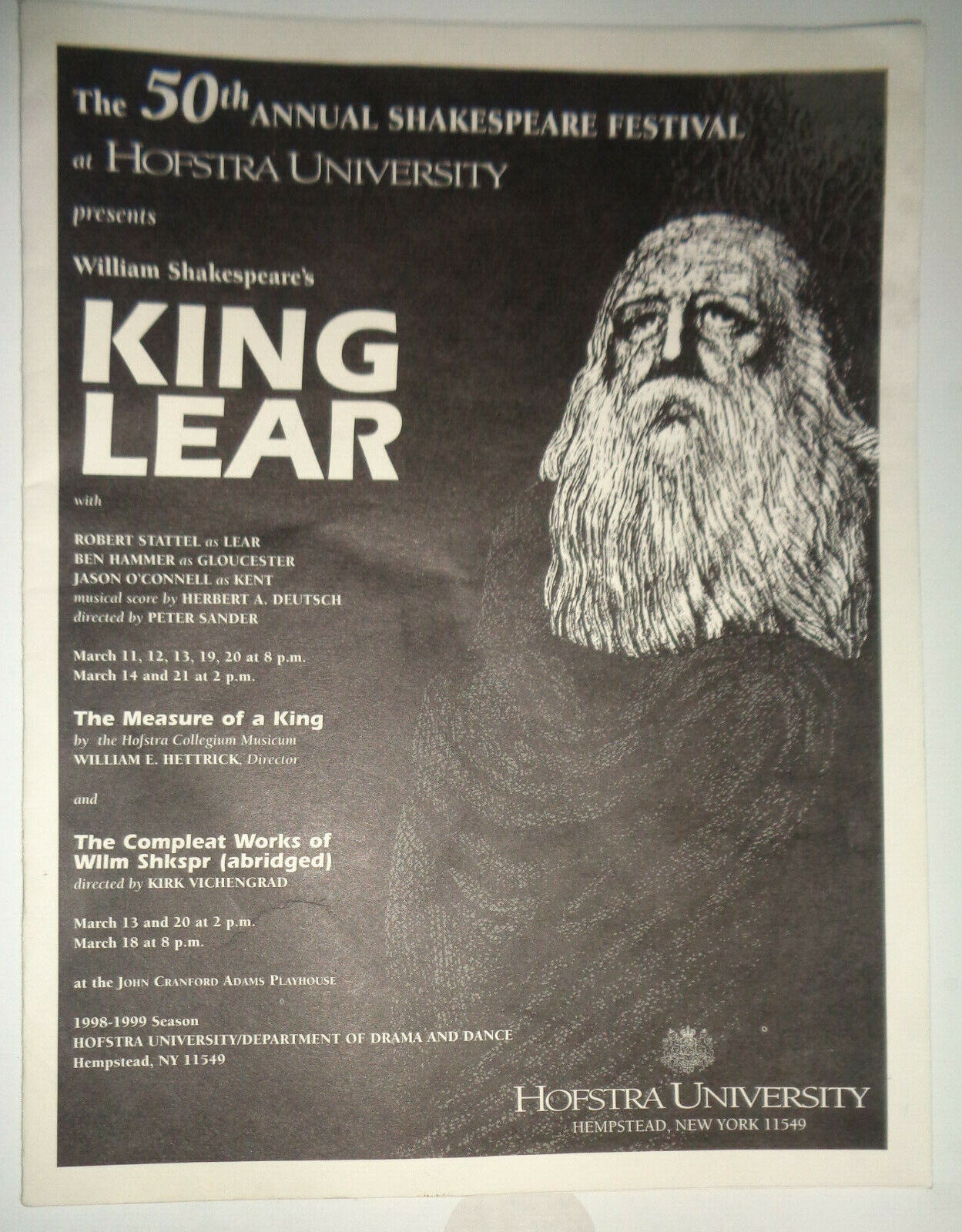 KING LEAR - PROGRAM - HOFSTRA UNIVERSITY 50th Annual Shakespeare Festival, 1998.