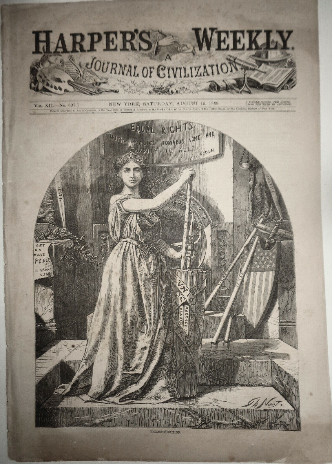 HARPER'S WEEKLY - Aug 15, 1868 original issue - Thomas Nast "Reconstruction"