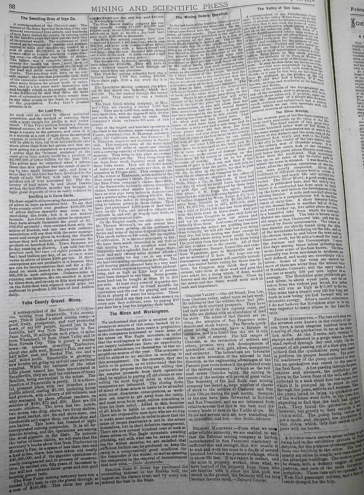 Mining and Scientific Press Feb 12, 1876. Edison's "New Force"; Mining Debris...