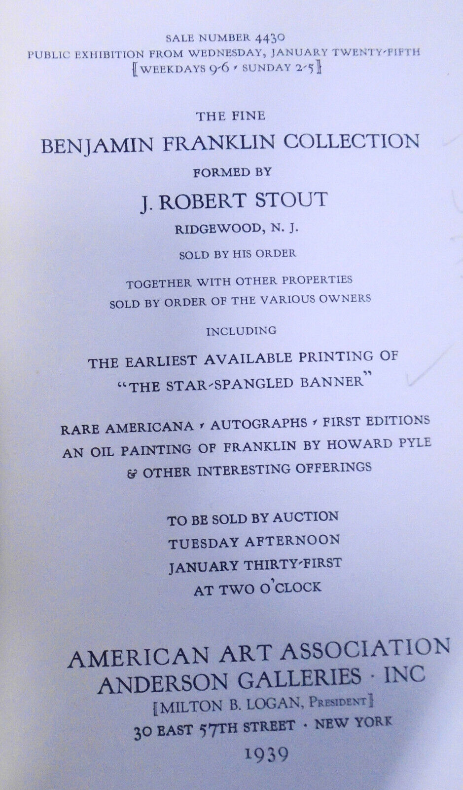 Fine Benjamin Franklin Collection of J. Robert Stout. Anderson Galleries 1939