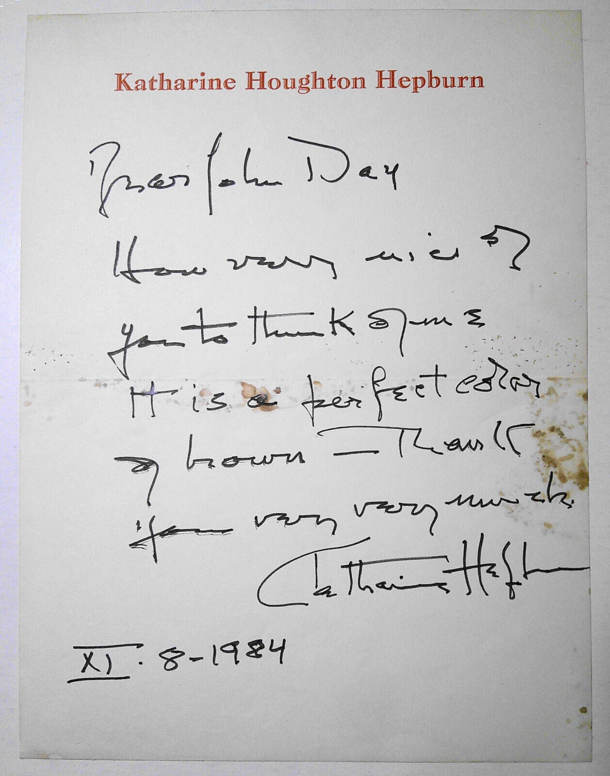 Katharine Hepburn SIGNED note. 1984.