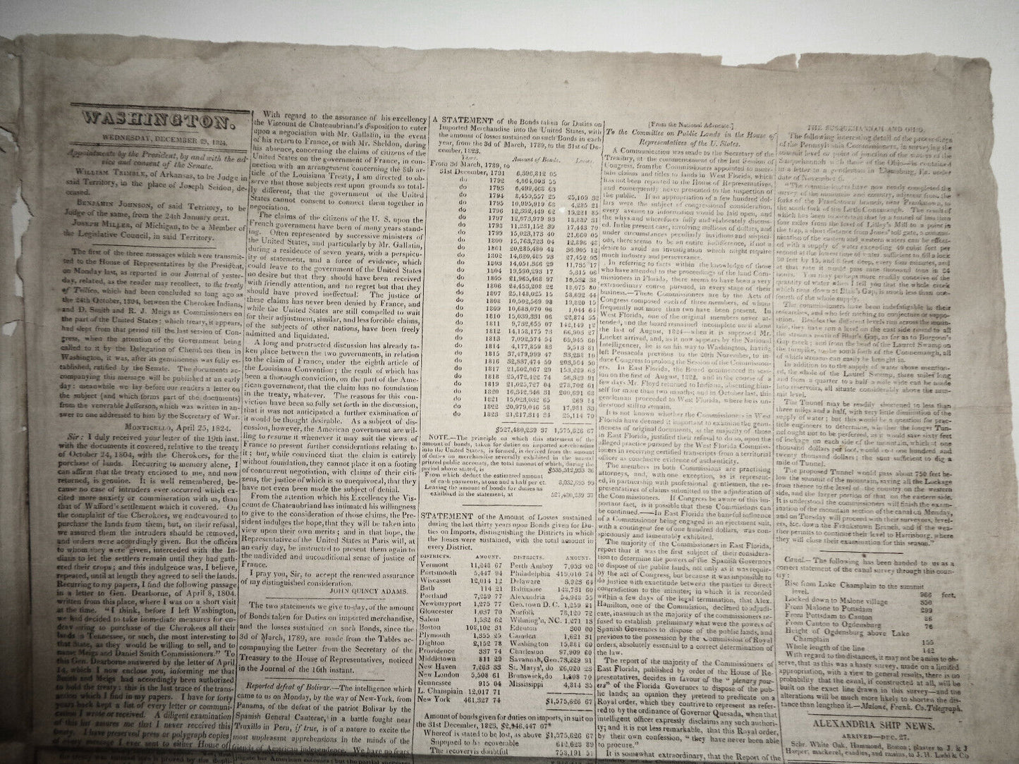 DAILY NATIONAL JOURNAL 1824 -DeWitt Clinton's copy. With Thomas Jefferson letter