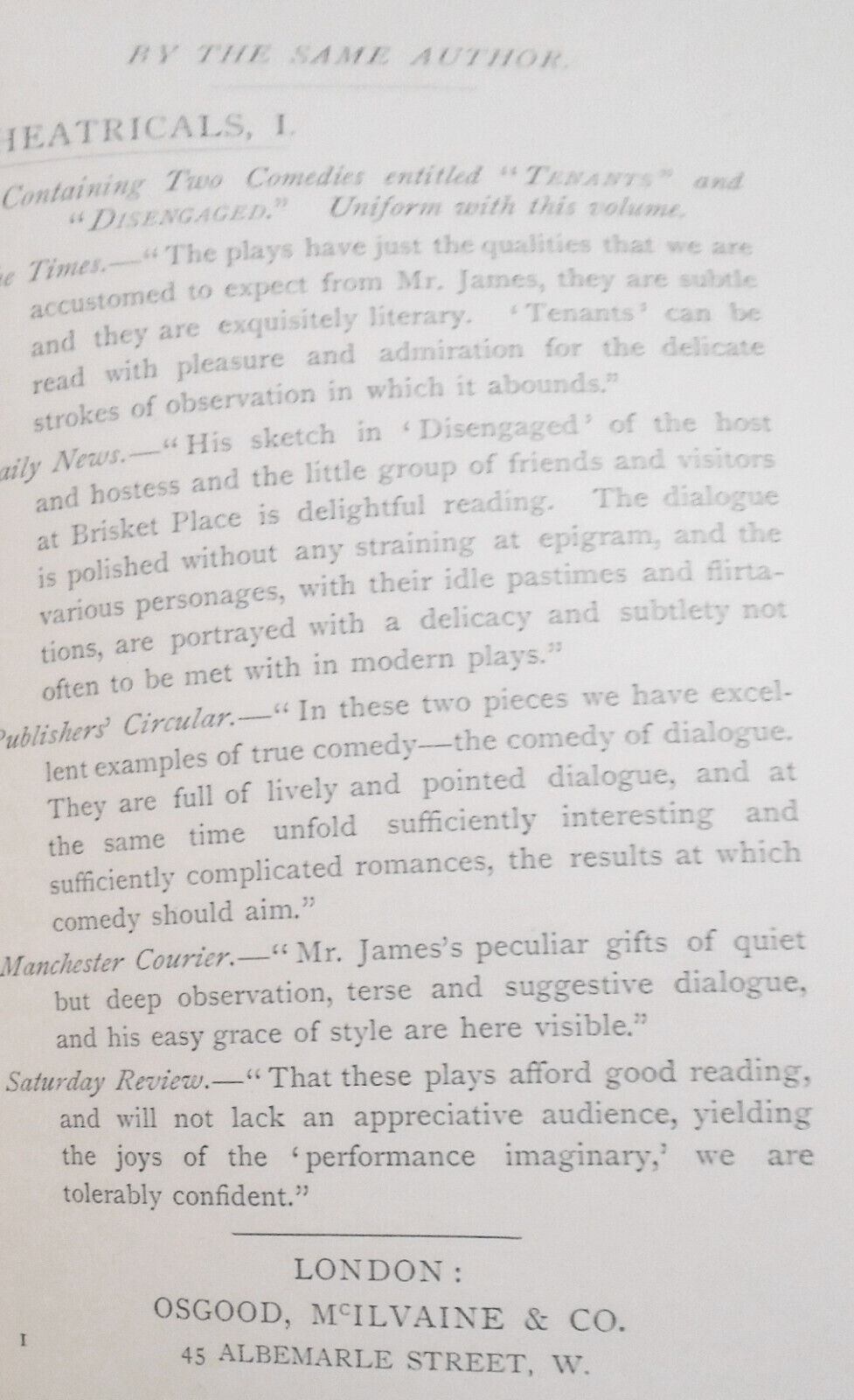 Henry James: Theatricals. 2 Vol Set. 1st UK edition. 1894/95 - 1st & 2nd series