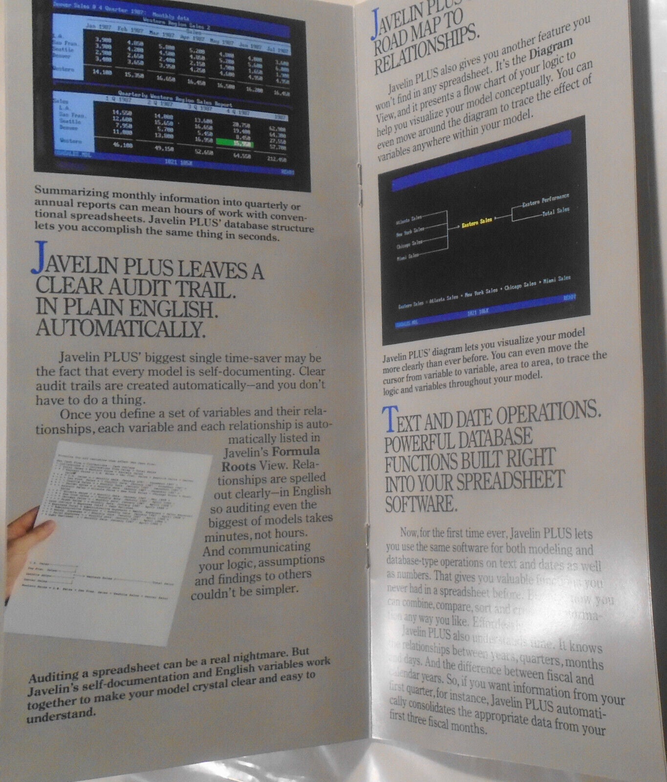 Javelin Plus spreadsheet / database promo brochure, 1980s. For IBM PCs