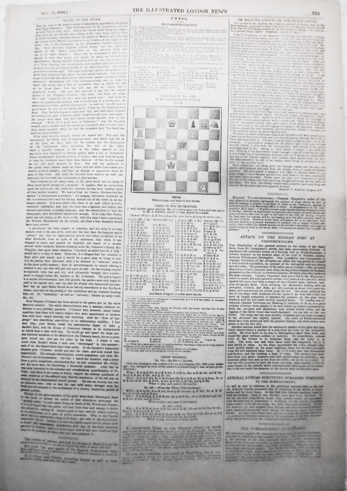 Sketches in the Baltic - llustrated London News, September 15, 1855. Two prints.