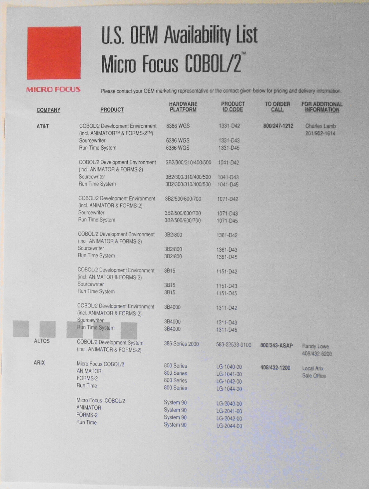 Micro Focus COBOL/2 Toolbox for UNIX developers - 2 Brochures, August 1990