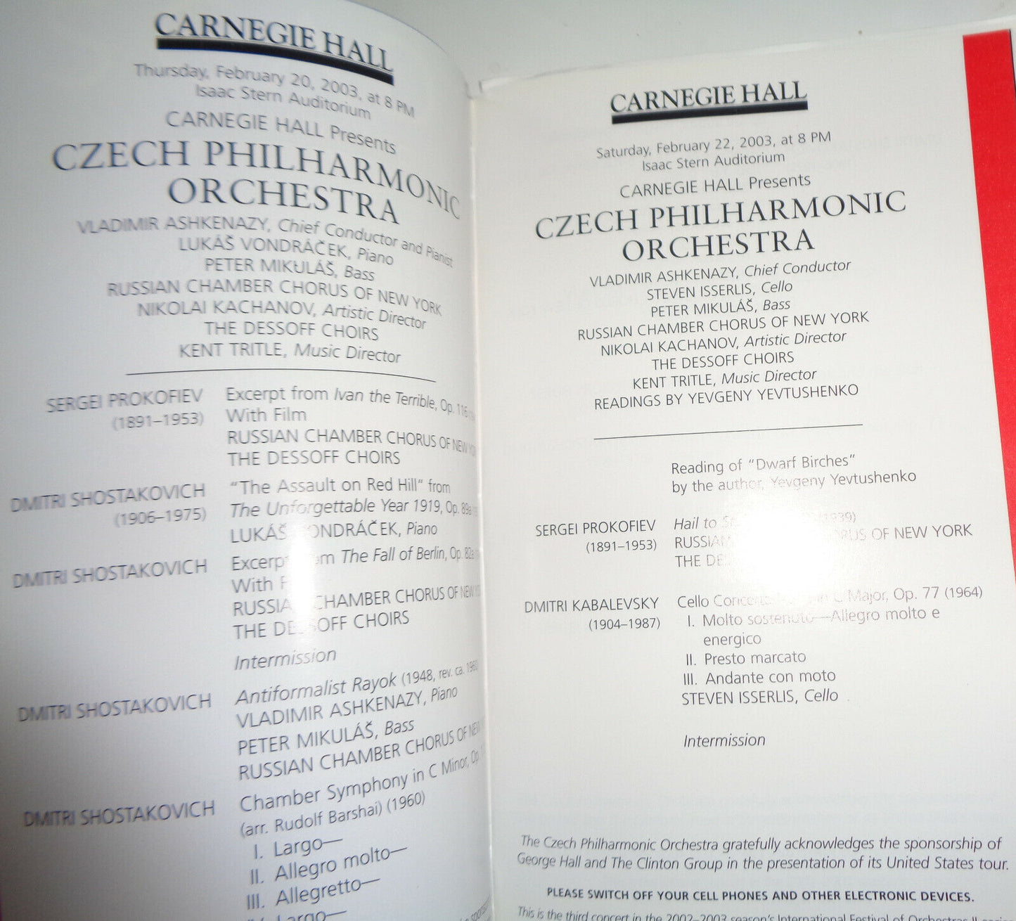 Czech Philharmonic Orchestra Playbill Carnegie Hall 2003 Ashkenazy, Yevtushenko
