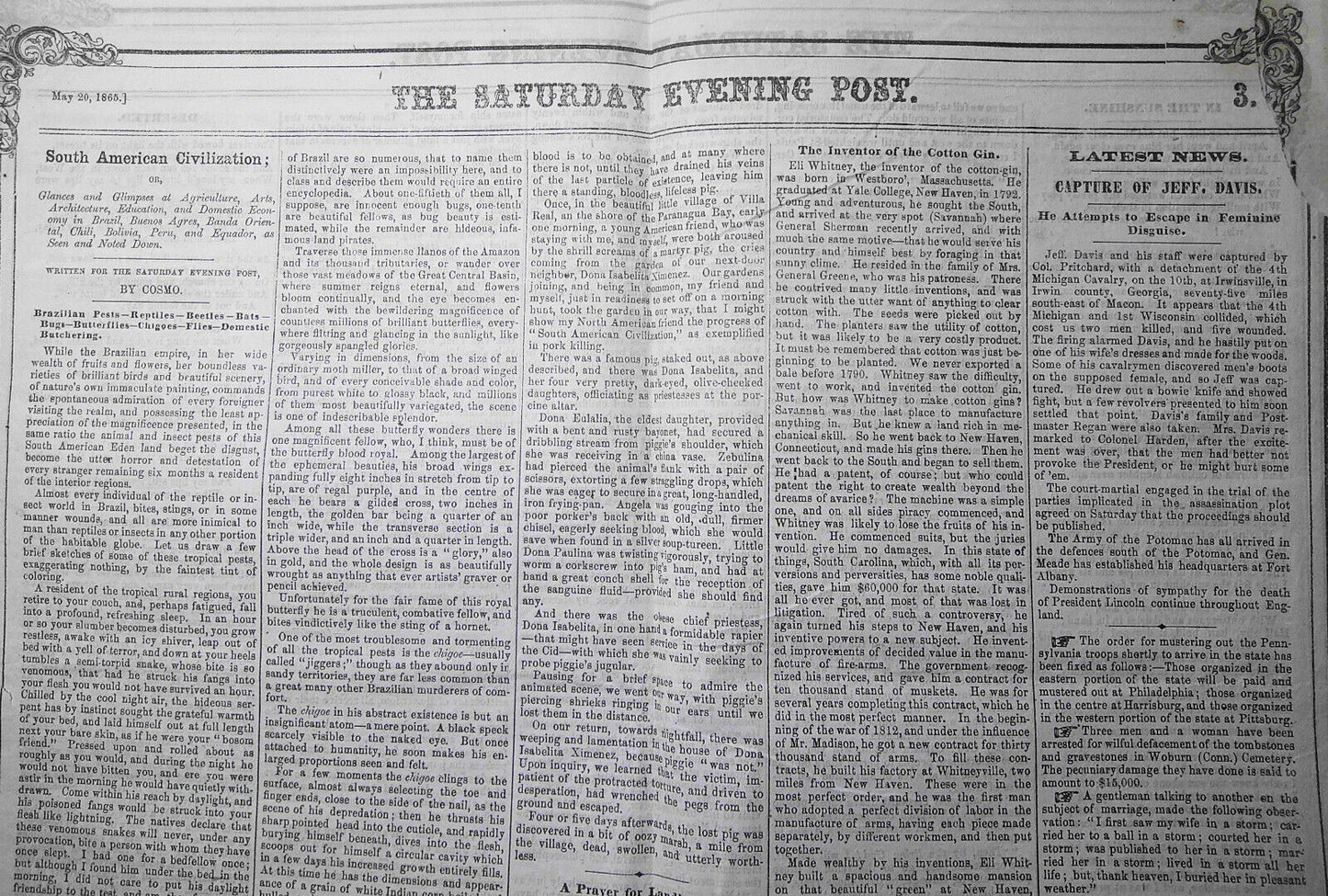 Saturday Evening Post, May 20, 1865 - Capture of Jeff Davis in Feminine Disguise