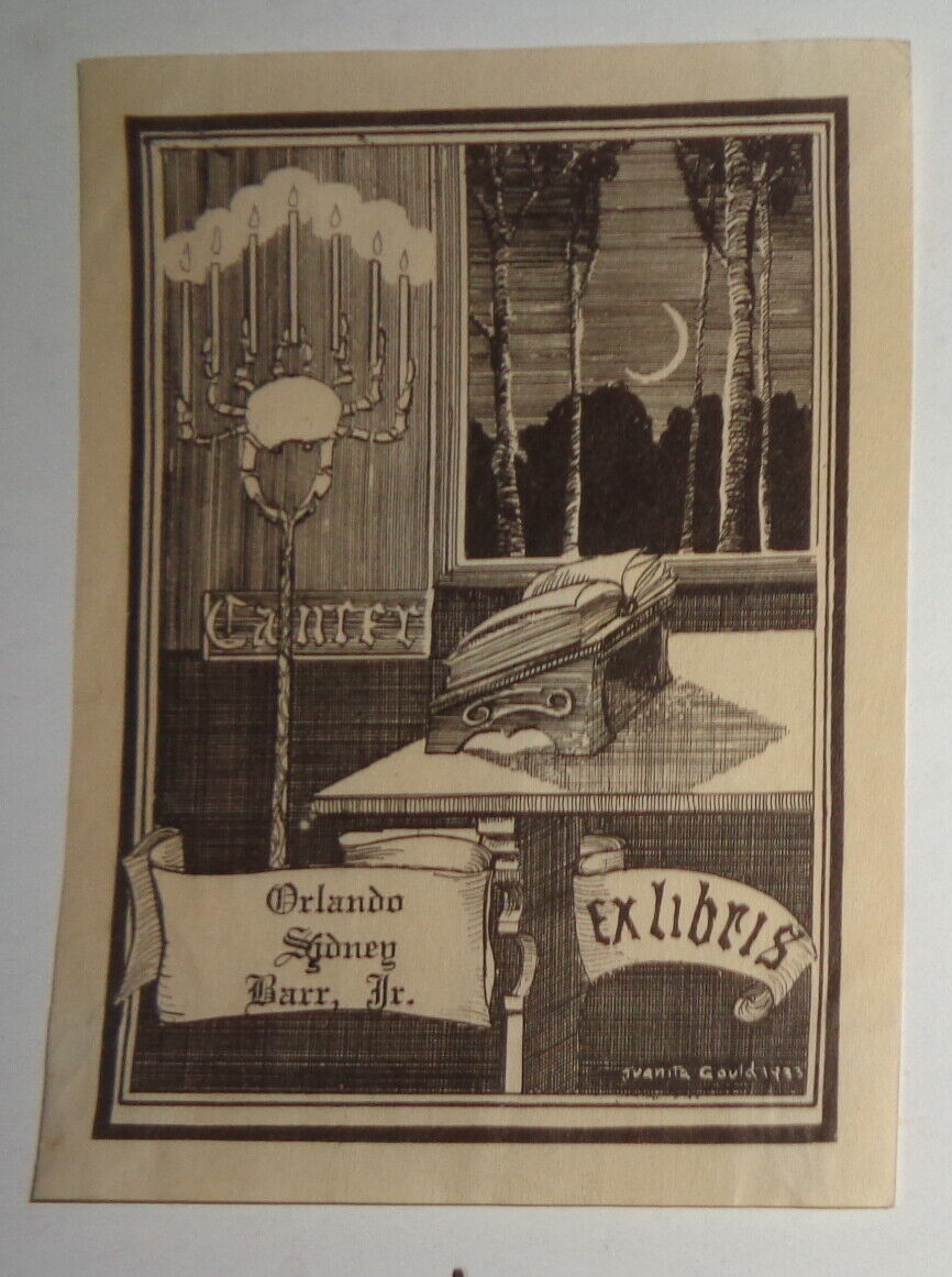 Orlando Sydney Barr, Jr., Ex Libris Bookplate, by Juanita Gould, 1933
