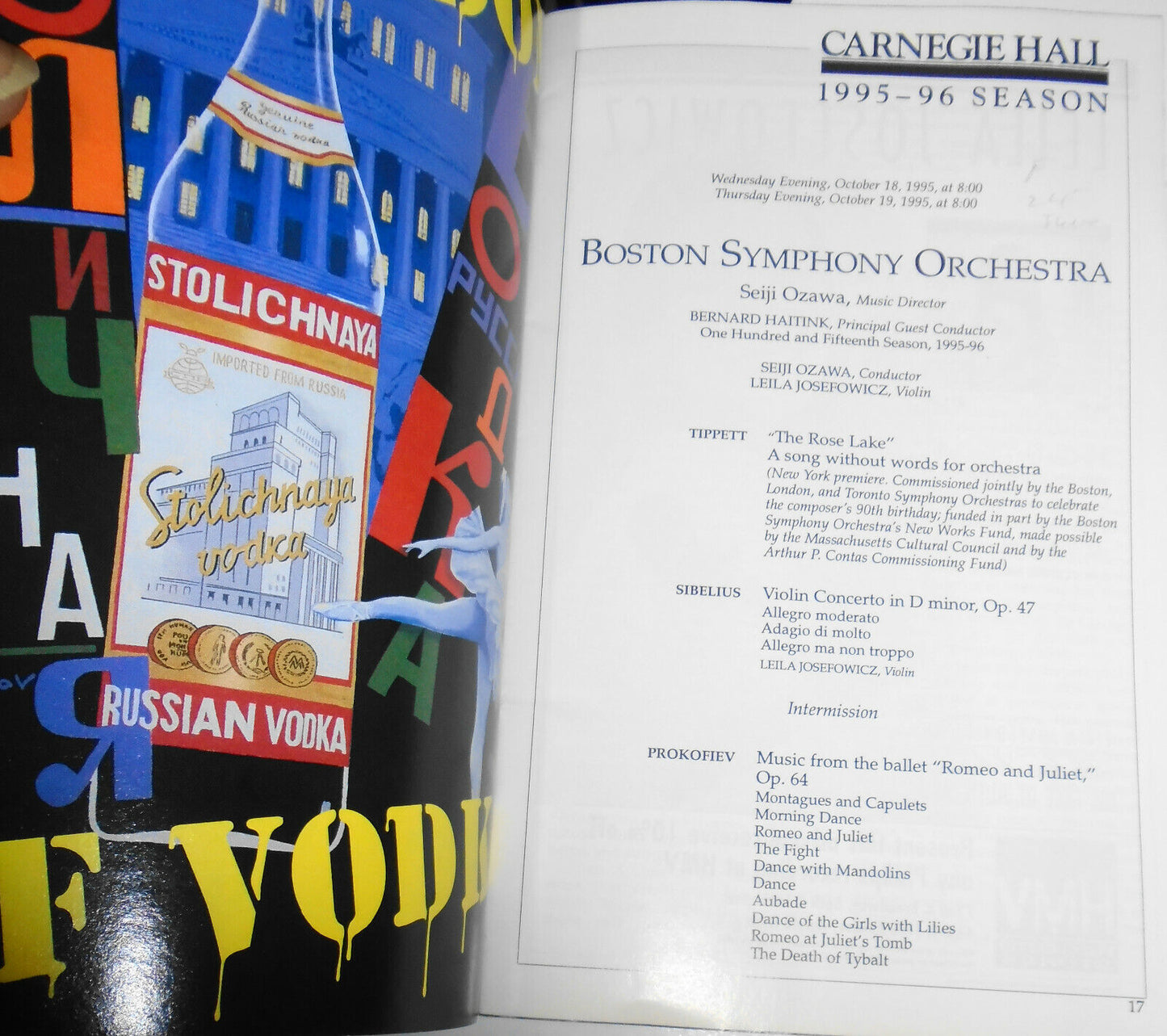 Boston Symphony Carnegie Hall Stagebill - October I8 / 19, 1995 Leila Josefowicz