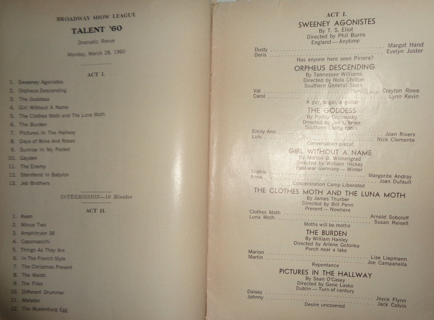 TALENT '60 - PLAYBILL - TUESDAY, MARCH 22-31 1960. Joan Rivers, Cal Tjader