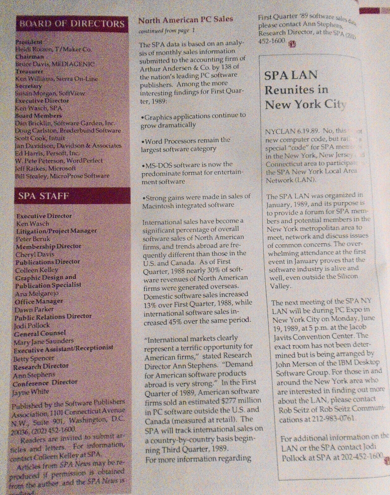 SPA News, June 1989. Newsletter of the Software Publishers Association