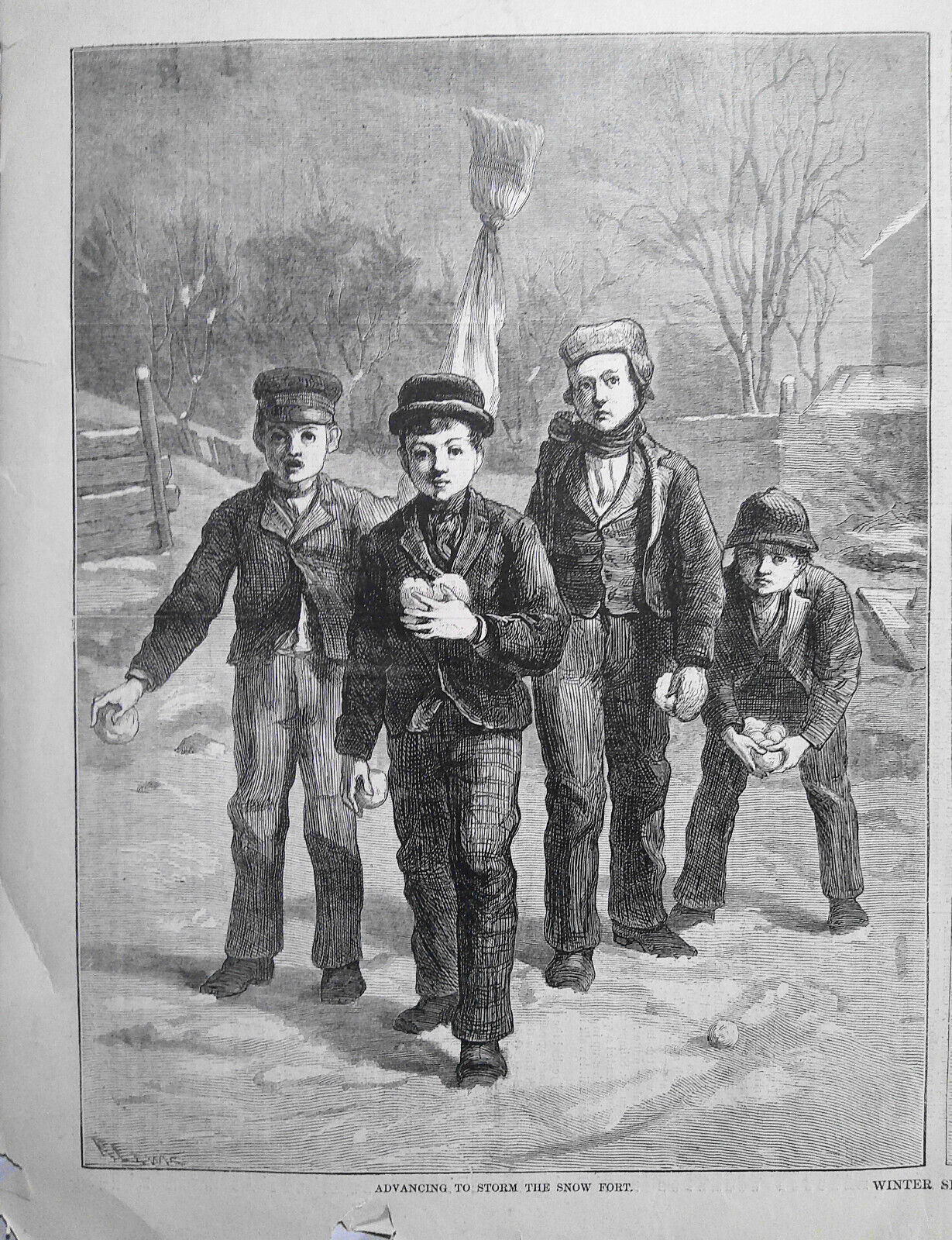 "Winter Sports" - a snowball fight. Harper's Weekly, January 24, 1874. Original