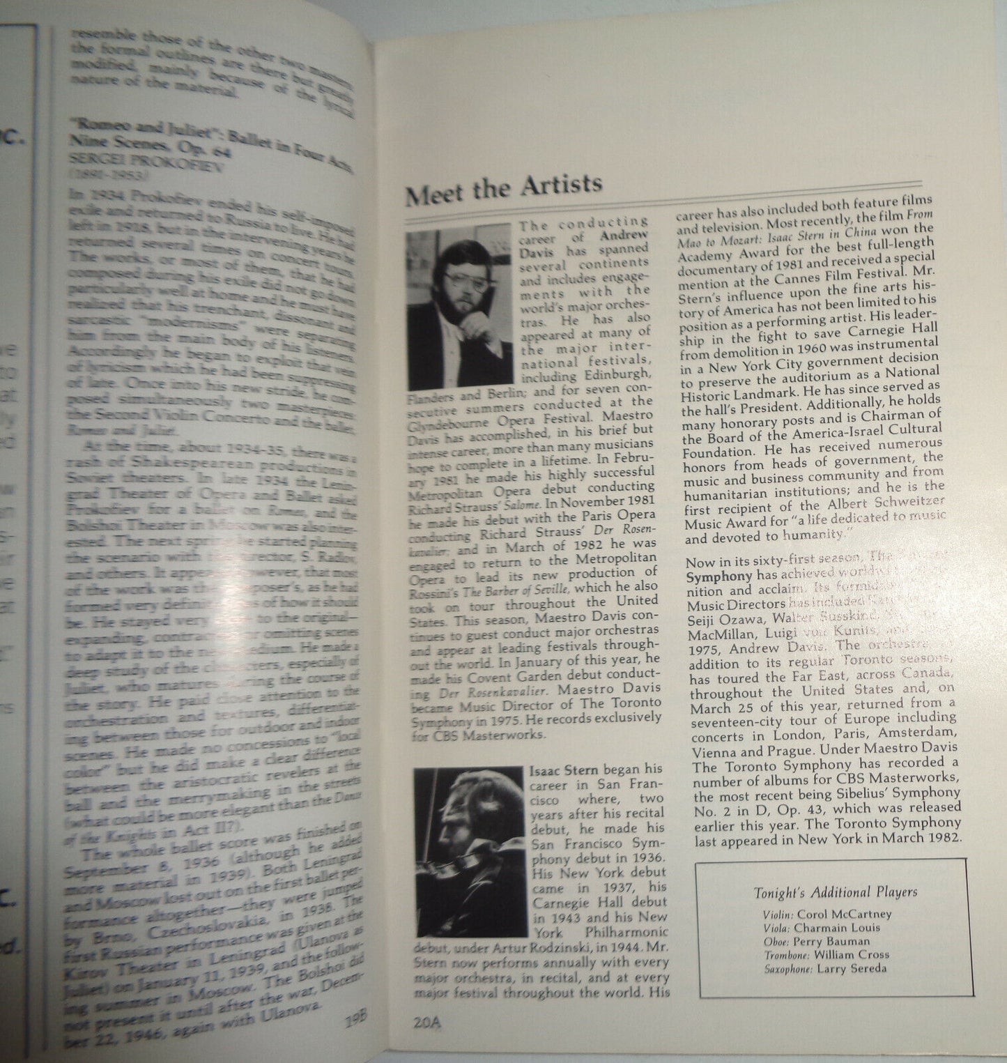 THE TORONTO SYMPHONY, ISAAC STERN - CARNEGIE HALL STAGEBILL - APRIL 1983.