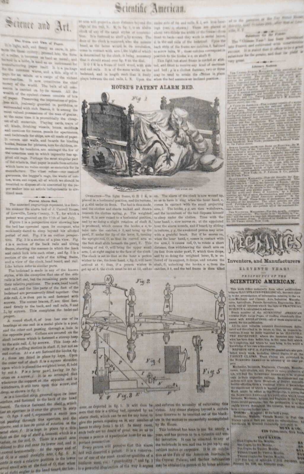 Scientific American, October 6, 1855. Knitting machine; cotton press; alarm bed
