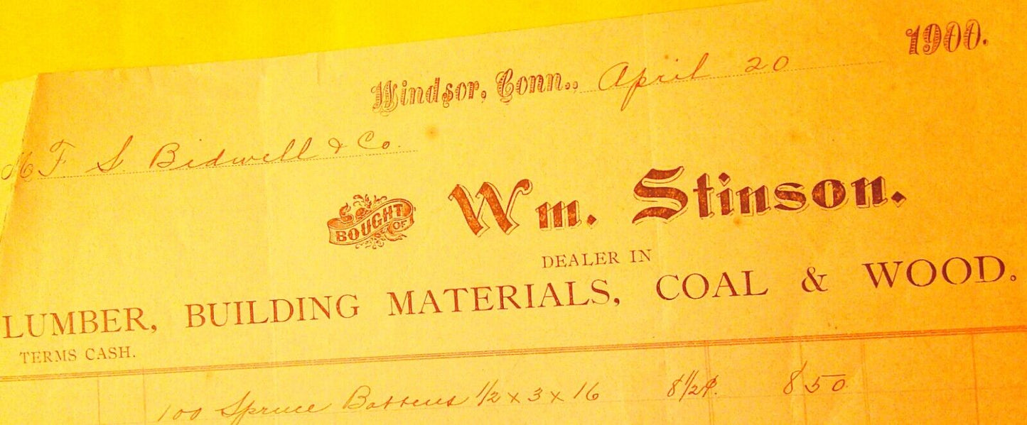 1900 Receipt from Wm. Stinson, Lumber ..., Windsor, Connecticut. For S. Bidwell