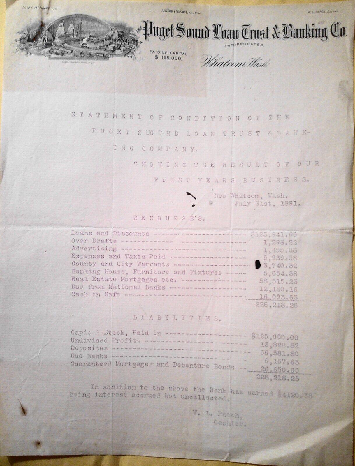 1891 Puget Sound Loan Trust & Banking Co., Whatcom, WA Statement of Condition