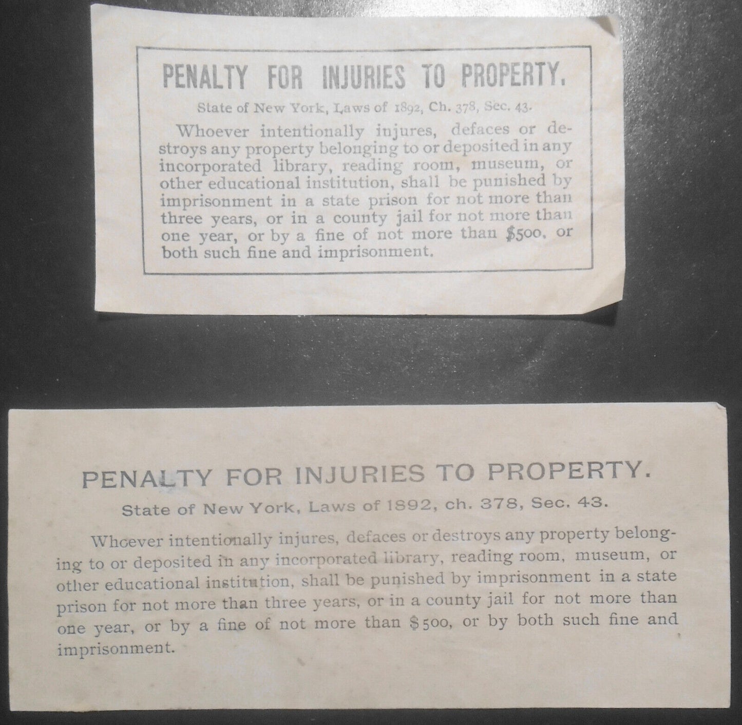 State of New York Library Penalty for injuries to property - 2 Bookplates, 1892