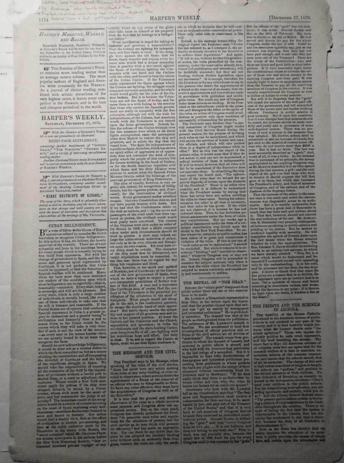 Bond And Free. Harper's Weekly - December 27, 1873. Original print by Shepard