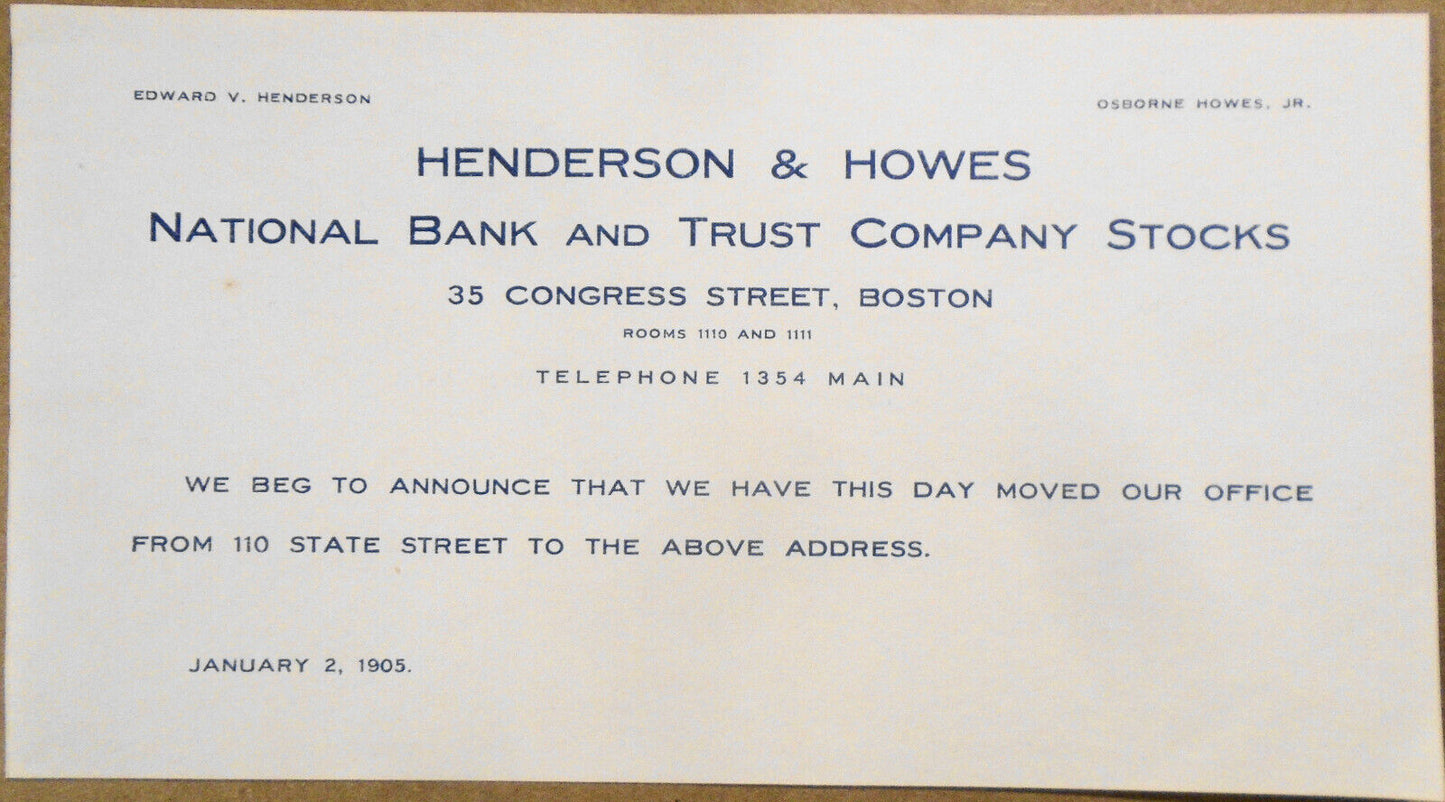 1905 Henderson & Howes, National Bank stocks - Notice of relocation Boston, MA.