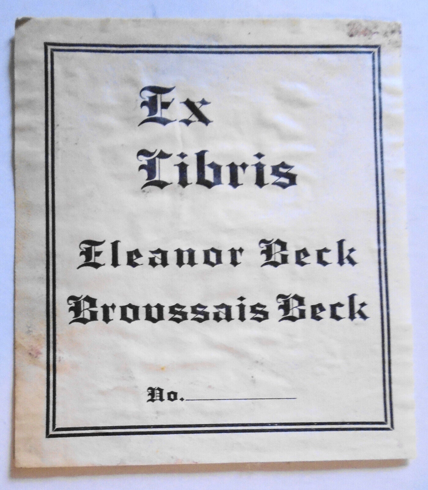 Eleanor and Broussais Beck, Ex Libris Bookplate
