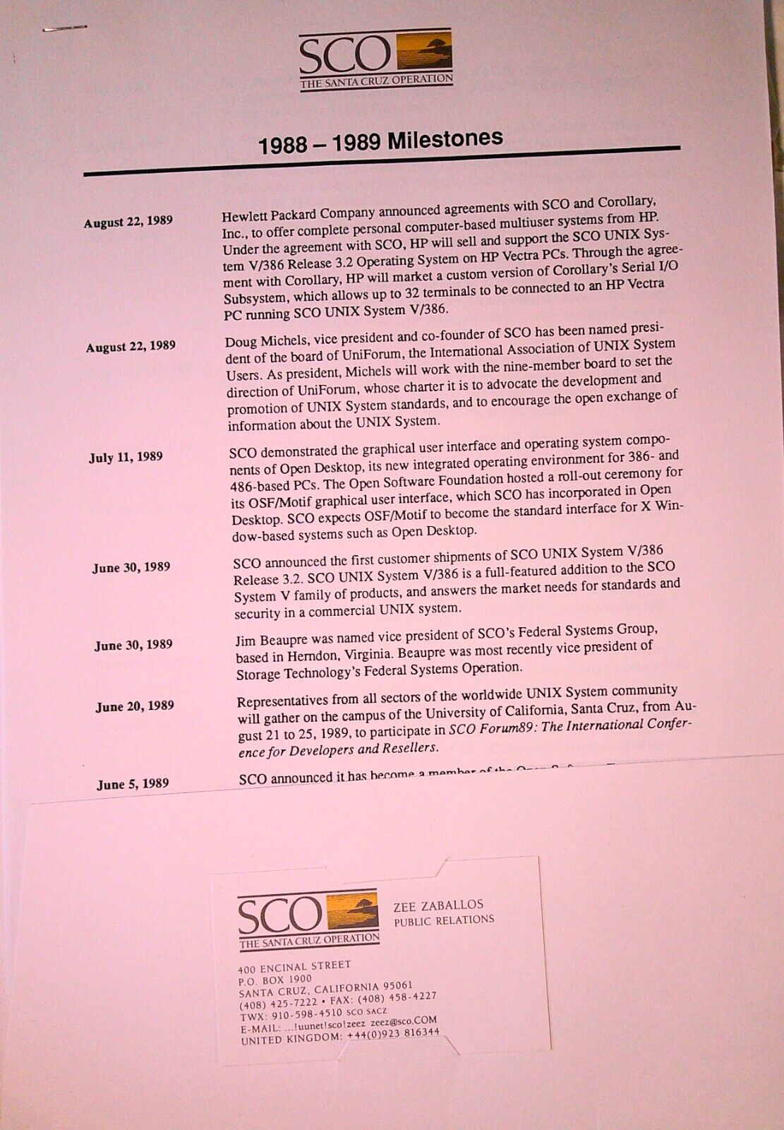 Santa Cruz Operation Press Kit, 1989 : SCO MultiView for UNIX & XENIX, etc
