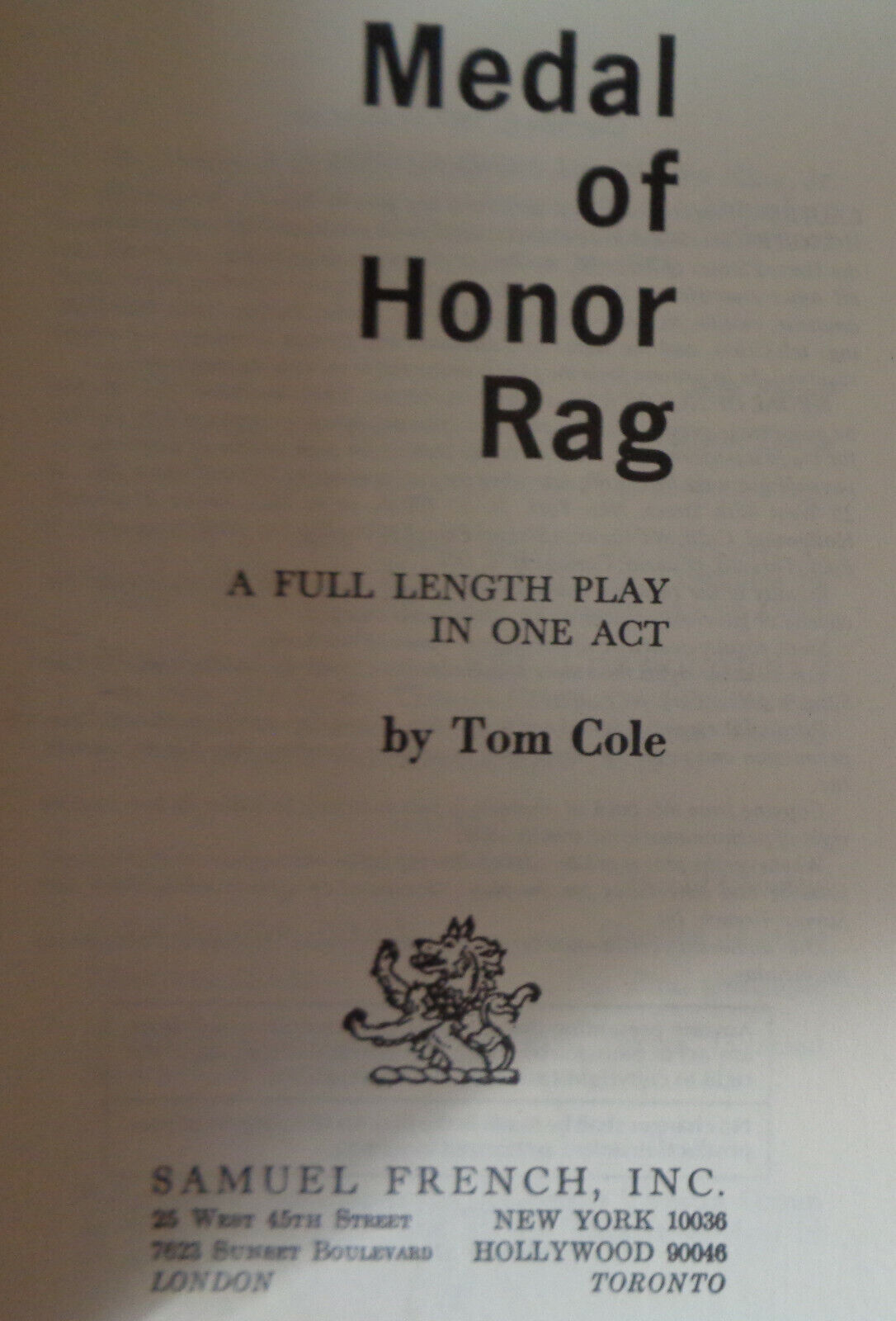 Medal of Honor rag : a full length play in one act, by Tom Cole. 1983