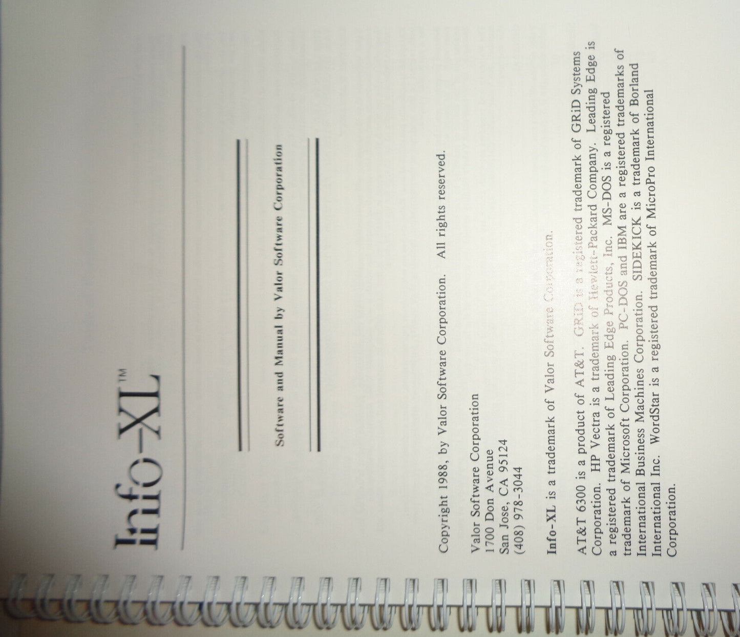 Info-XL, by Valor Software. Information management for IBM & compatible PCs 1988