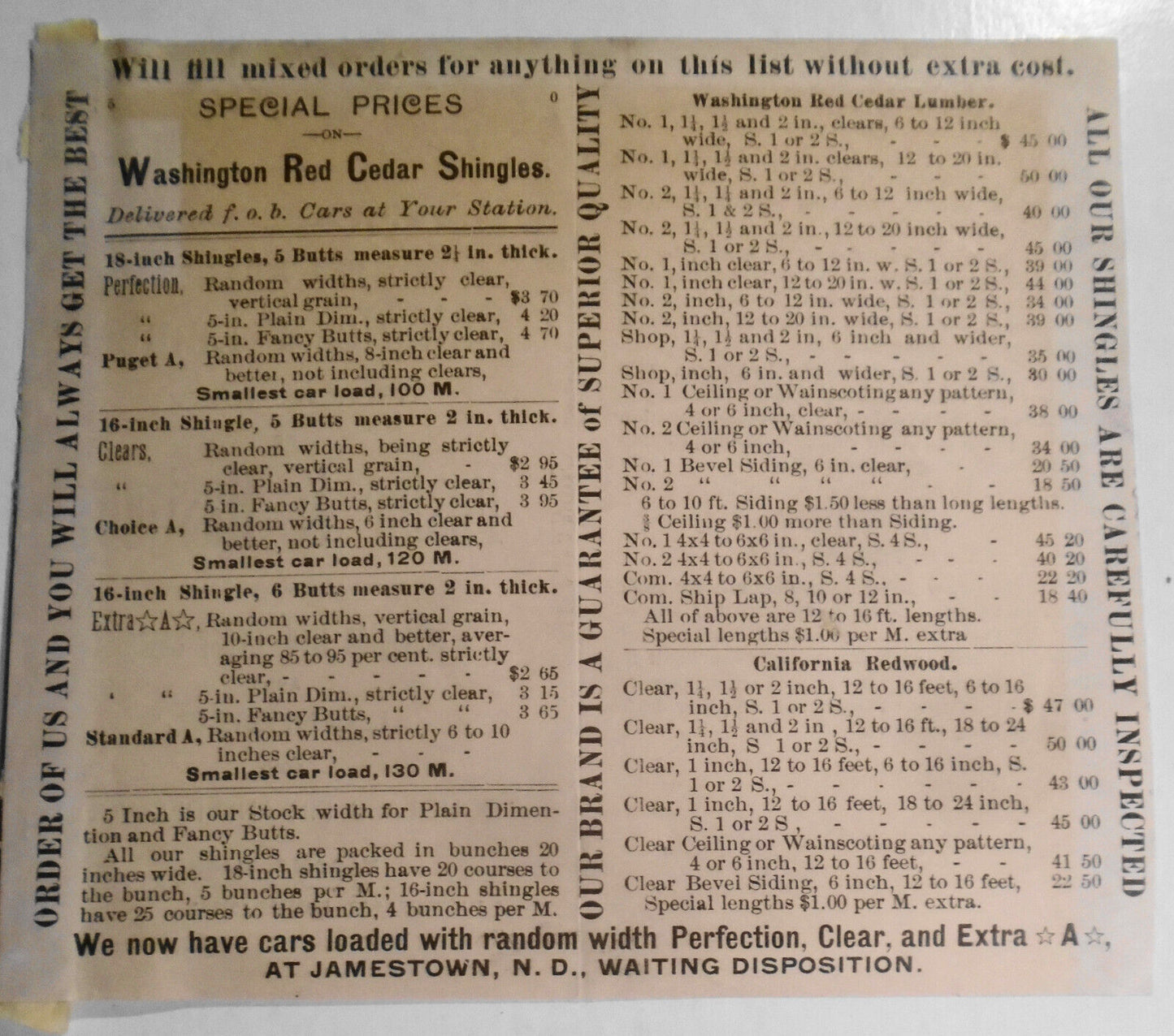 1892 Foster & Hastings, Tacoma WA - Price List for Wholesale Shingles & Lumber