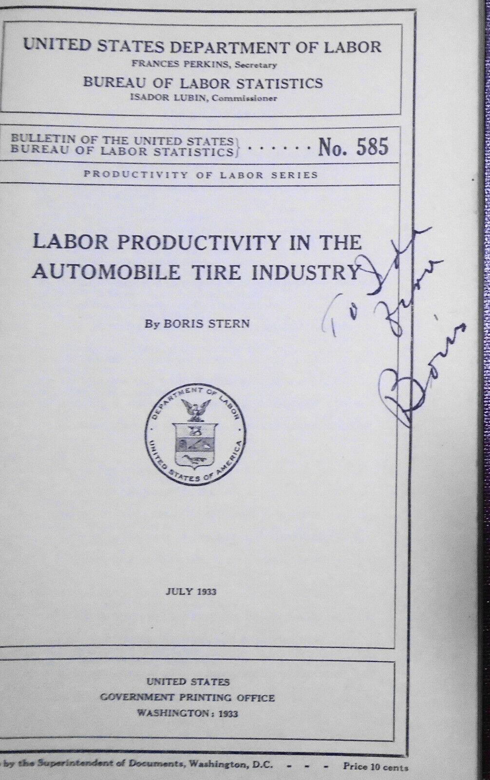 Labor Productivity in the automobile tire industry, by Boris Stern. 1933 SIGNED